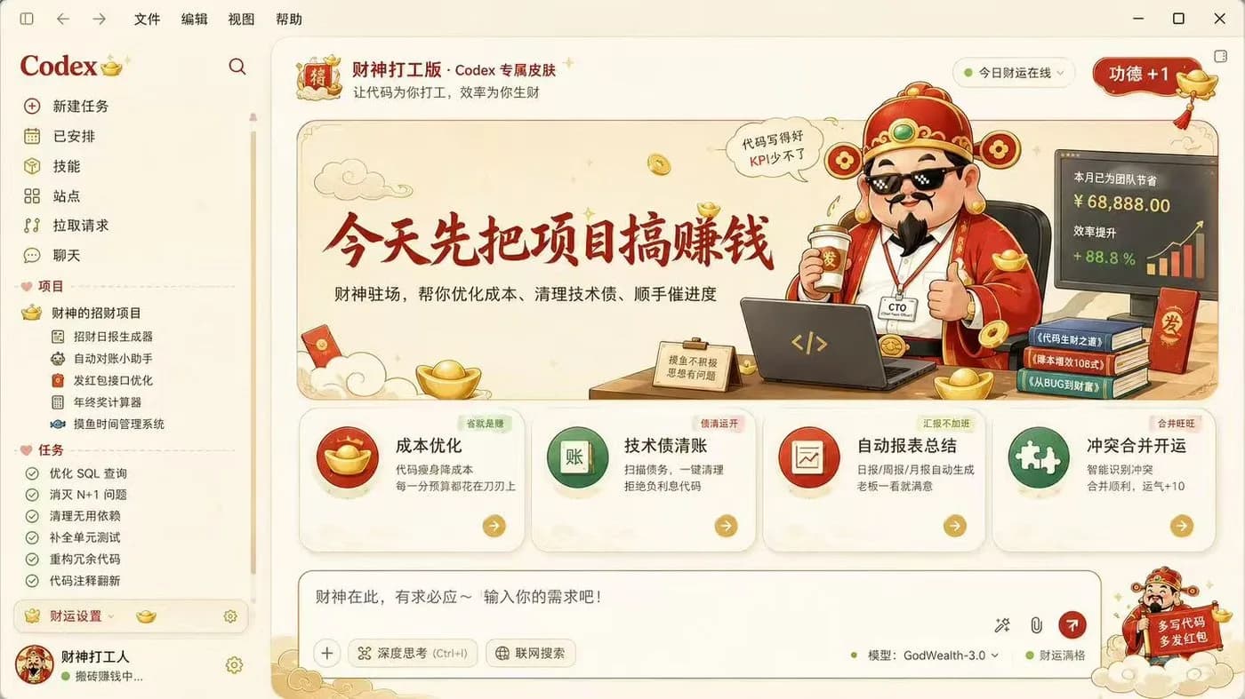 OpenAI Codex desktop app with a festive red and gold God of Wealth theme